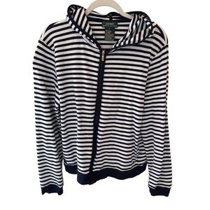 Lauren Ralph Lauren Striped Zip-Up Hoodie – Navy & White – Size Large